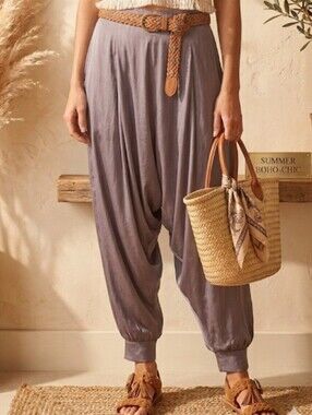 Antik Batik 100% Silk Mauve Gray Harem Jogger Pants (Sz S) Boho Lux Parisian